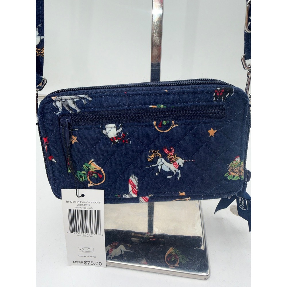 Vera Bradley RFID All in One Crossbody Snow Globe Motifs Navy Holiday Wallet NW